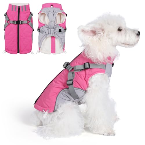 Poseca Hundemantel, wasserdichte Hundejacke, Wintermantel, Hundegeschirr, warmer Wintermantel, kaltes Wetter, Hundemantel mit integriertem Geschirr für kleine, mittelgroße und große Hunde (Rosarot, L) von Poseca