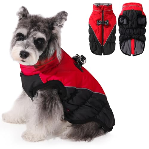 Poseca Hundemantel mit Geschirr, wasserdichte Winterjacke, gepolsterter Hundemantel, Hundemäntel mit integriertem Hundegeschirr für kleine, mittelgroße und große Hunde (Rot, L) von Poseca