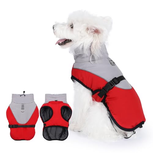 Poseca Warmer Hundemantel, verstellbare Hundejacke mit integriertem Geschirr, reflektierend, Hunde-Winterweste für den kalten Winter, winddichter Hunde-Schneeanzug für kleine und mittelgroße Hunde von Poseca