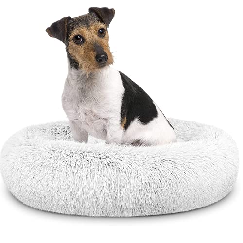 Donut Haustierbett mit rundem Kissen, Marshmellow-Kunstfell, beruhigend, flauschig, bequem, Bett für Hund und Katze (S (60 cm), hellgrau) von Posh Pooch