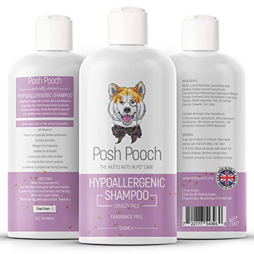 Hypoallergenes Hundeshampoo für empfindliche Haut, ohne Allergene, parfümfrei, natürlich gewonnenes Welpen-Hundewaschmittel mit Pro Vitamin B5 Conditioning, tierversuchsfreie Formel von Posh Pooch