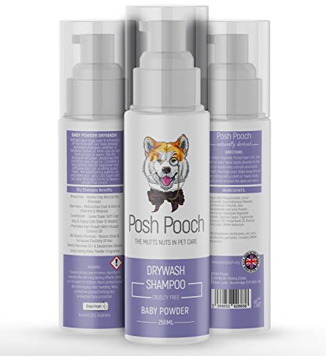 Posh Pooch® Trockenshampoo Trockenwäsche Babypuder Duft wasserloses Shampoo für Hunde, Tierversuchsfrei, 3in1 Trockenwäsche, Conditioner und Entwirrer, natürlich gewonnenes Aloe Vera B5Shampoo für von Posh Pooch