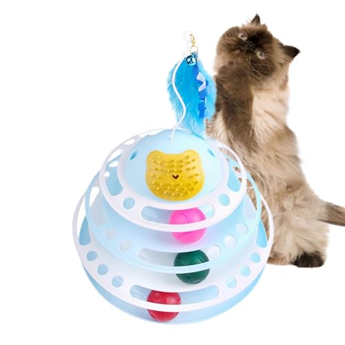 Poupangke Plattenspieler-Katzenspielzeug für Indoor-Katzen – 3-stöckige Bahn mit Feder und elastischen Bällen, Kätzchen-Spielzeug, Ballbahn, Spaß-Roller, Teaser-Spielzeug von Poupangke