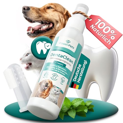 PowerPets - Dentalspray + GRATIS Fingerzahnbürste 150ml [ Hunde & Katzen ] -100% natürliche Maulhygiene - Schluss mit Zahnbelag | Zahnsteinentferner, Zahnreinigungsspray | Zahnspray mit Zahnbürste von PowerPets