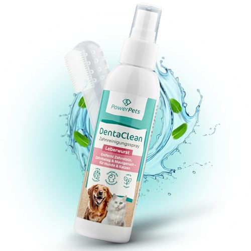 PowerPets - Dentalspray LEBERWURST + GRATIS Fingerzahnbürste 130ml [ Hunde & Katzen ] -100% natürliche Maulhygiene - Schluss mit Zahnbelag | Zahnsteinentferner, Zahnreinigungsspray (130ml, Leberwurst) von Power Pets