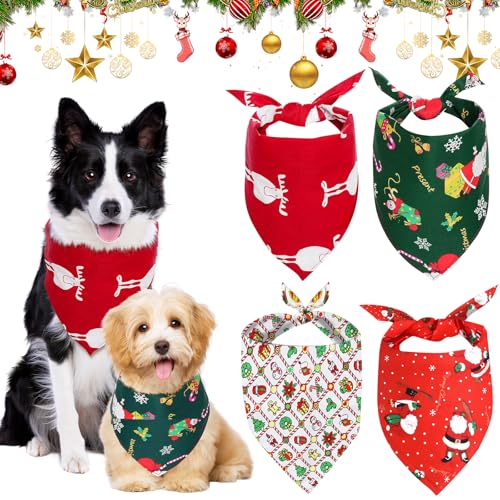 4 Stück Halstuch Hund Weihnachten, Hundehalstuch Weihnachten, Weihnachtshalstuch Hund mit Weihnachtlichen Cartoon Mustern, Schneeflocken, Elch, Weihnachtsmann, Weihnachts Accessoires Hund von Powmag