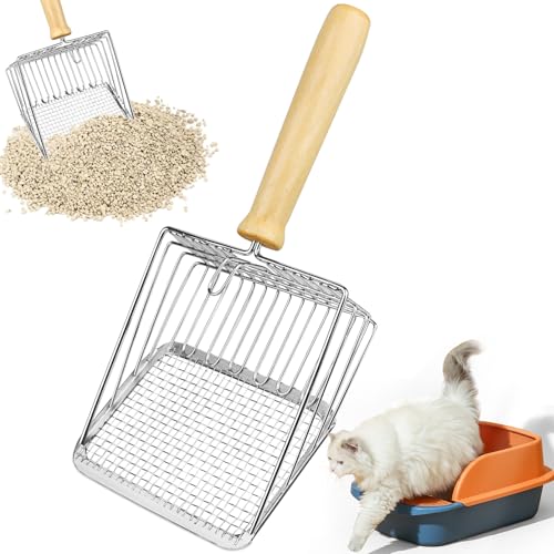 Powmag Katzenklo Schaufel Edelstahl, Katzenstreuschaufel Metall, Katzenschaufel für Katzenklo, Katzenstreu Schaufel Doppelzone, Streuschaufel Große mit Holzgriff, Cat Litter Scoop von Powmag