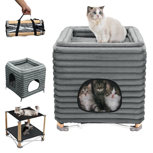 Pozico 2-stöckige faltbare Katzenbetten & Möbel, 2-lagige Kiefernkonstruktion, Katzenhäuser für Indoor-Katzen, Katzenbett-Höhle für mehrere oder große Katzen bis zu 13,6 kg, Ganzjahres-Komfort, Grau-S von Pozico