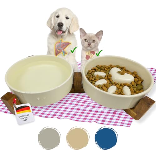 NEU PractiCasa® Doppel Antischlingnapf Hunde und Katzen | Hundenäpfe Katzennäpfe aus Keramik 2x450ml mit Bambus Ständer als Doppelnapf | 30% bessere Verdauung | Futterstation (Creme-Weiss) von PractiCasa