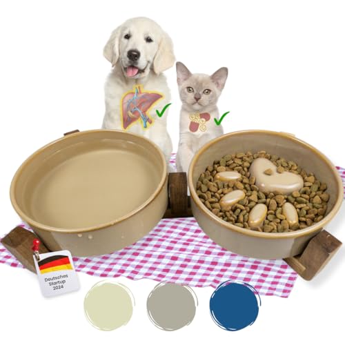 NEU PractiCasa® Doppel Antischlingnapf Hunde und Katzen | Hundenäpfe Katzennäpfe aus Keramik 2x450ml mit Bambus Ständer als Doppelnapf | 30% bessere Verdauung | Futterstation (beige) von PractiCasa