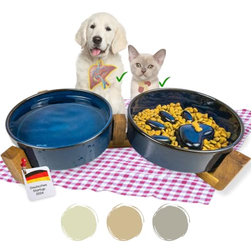 NEU PractiCasa® Doppel Antischlingnapf Hunde und Katzen | Hundenäpfe Katzennäpfe aus Keramik 2x450ml mit Bambus Ständer als Doppelnapf | 30% bessere Verdauung | Futterstation (blau) von PractiCasa