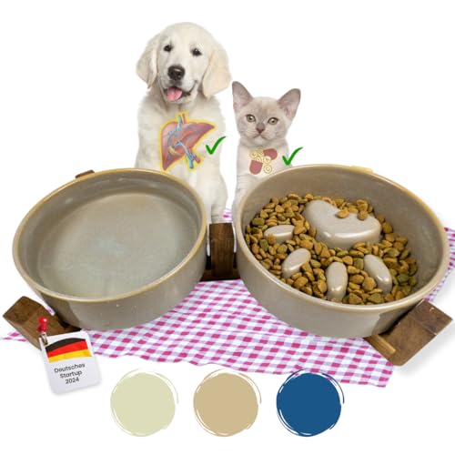 NEU PractiCasa® Doppel Antischlingnapf Hunde und Katzen | Hundenäpfe Katzennäpfe aus Keramik 2x450ml mit Bambus Ständer als Doppelnapf | 30% bessere Verdauung | Futterstation (grau) von PractiCasa