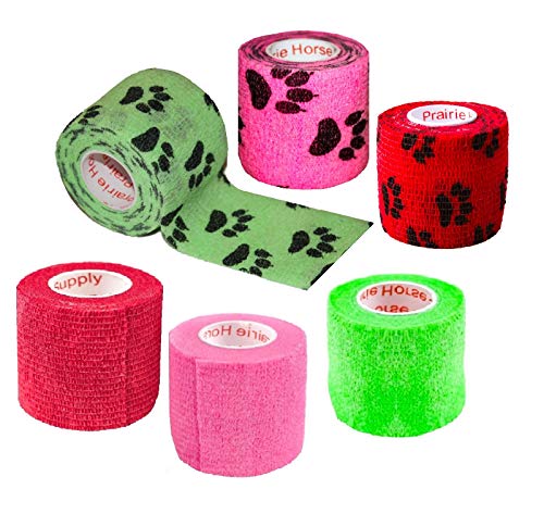 Prairie Horse Supply 5,1 cm Vet Wrap Tape Bulk (grün, rosa, rot und schwarz Pfotenabdrücke auf Grün, Rosa, Rot) (6 Stück) selbstklebende Haftbandage, Flex-Bandage, Griffrolle für Hunde, Katzen, von Prairie Horse Supply