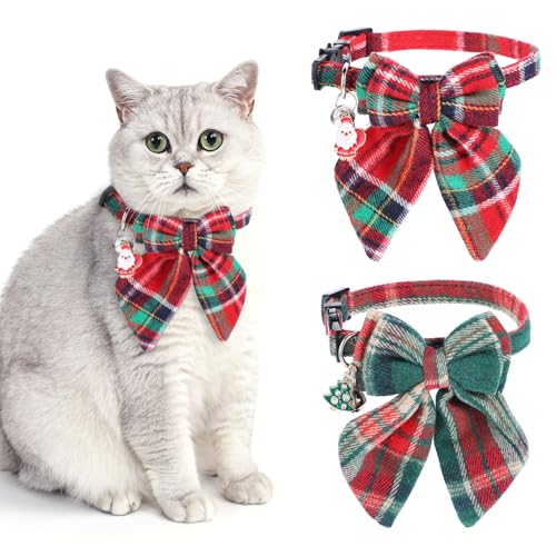 Prasacco 2 Stück Weihnachtliches Katzenhalsband, 30 x 1 cm Verstellbares Kätzchenhalsband Niedliches Katzenhalsband mit Weihnachtsmann, Weihnachtsbaum, Großer Schleife und Glöckchen (Grün, Rot) von Prasacco