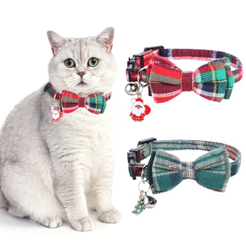 Prasacco Weihnachtskatzenhalsband, Weihnachts-Katzenhalsband für Katzen, Kätzchen, Kätzchen, Halsband mit Fliege, Glocke, rot und grün, kariert, Weihnachts-Kätzchen-Halsband mit abnehmbarer Fliege, 2 von Prasacco