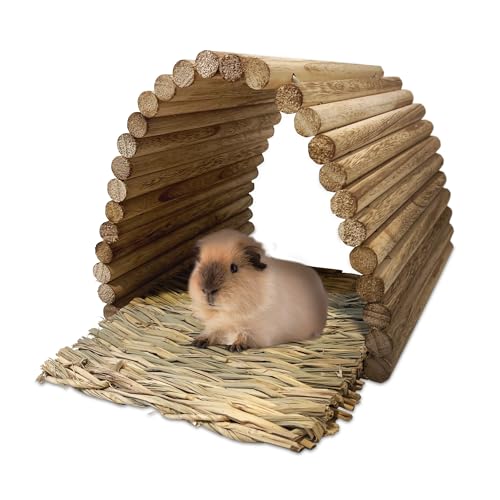 Pregom Meerschweinchen-Holzversteck extra groß, Rampe, Bettwäsche, Holzbrücke – inklusive Grasmatte, Kaninchenbett, Kleintier-Bettwäsche, ideal zum Kauen, für kleine Tiere, Chinchilla, Hamster, von Pregom