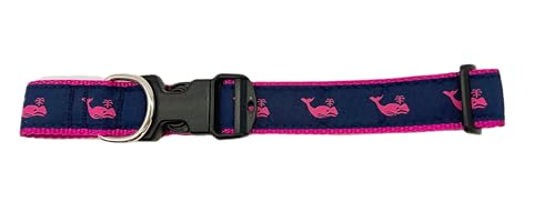 Preston Strapazierfähiges, verstellbares Hundehalsband oder Hundeleine, ideale Hundehalsbänder und Leinen in verschiedenen Größen für Hunde von XL bis XS. Rosa Wal auf Marineblau (X-Small-Halsband, von Preston