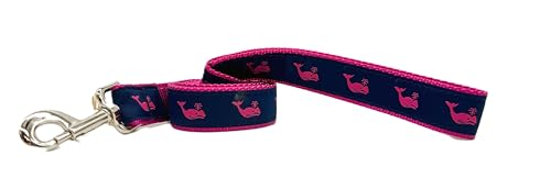 Preston Strapazierfähiges, verstellbares Hundehalsband oder Hundeleine, ideale Hundehalsbänder und Leinen in verschiedenen Größen für Hunde von XL bis XS. Rosa Wal auf Marineblau (große Leine, 3,2 cm von Preston