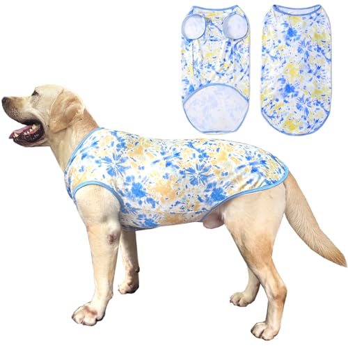 Ärmelloses T-Shirt für Hunde, Batikfärbung, bedruckt, Hundeweste, Schlafanzug, atmungsaktiv, dehnbar, Sommerkleidung für große Hunde, Jungen, Mädchen (XL, Gelb) von PriPre