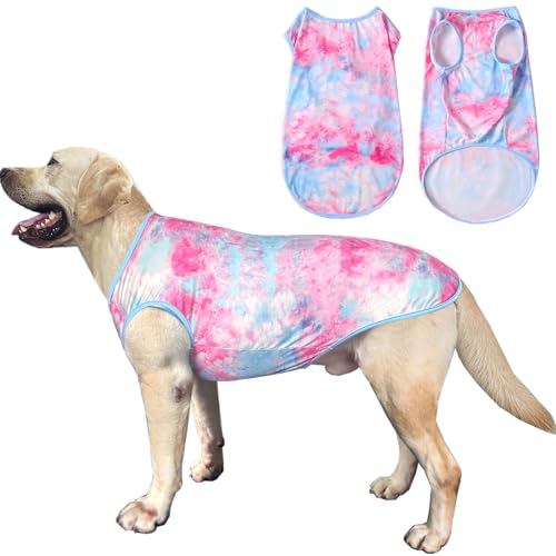 Ärmelloses T-Shirt für Hunde, Batikfärbung, bunt, rosa, bedruckt, atmungsaktiv, dehnbar, Sommerkleidung für große Hunde, Jungen, Mädchen, Größe L, Rosa von PriPre