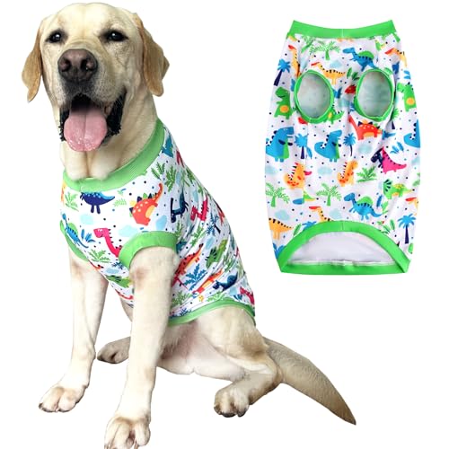 Ärmelloses T-Shirt für Hunde, buntes Dinosaurier-Druck, weich, dehnbar, Sommerkleidung für extra große Hunde, Jungen, Mädchen, Shirt (3XL, Dinosaurier) von PriPre