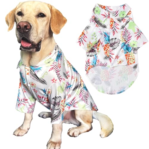 Hunde-Hawaii-Shirt, weiße Früchte, bedruckt, Polo-T-Shirts, atmungsaktiv, cooler Strand-Stil, Sommer-Hundekleidung für große Hunde, Jungen und Mädchen, Hemd (Größe XL, Früchte) von PriPre