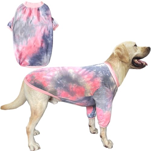 PriPre Batik-Hunde-Shirt für große Hunde, atmungsaktive Baumwolle, Hundekleidung, Hunde-Pyjama, große Hunde, Hemd, Jungen, Mädchen, Größe L, Rosa mit Batikfärbung von PriPre