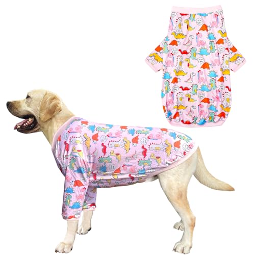 PriPre Dinosaurier-Hunde-T-Shirt, niedliches Dinosaurier-Muster, bedruckte Bekleidung für große Hunde, weich, dehnbar, Haustierkleidung (Größe 2XL, rosa Dinosaurier) von PriPre