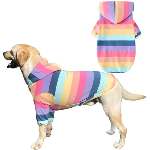 PriPre Hunde-Baumwoll-Kapuzenpullover, Sweatshirts, weich und dehnbar, Haustierkleidung, Regenbogenstreifen, Kapuze für mittelgroße und große Hunde (Streifen L) von PriPre