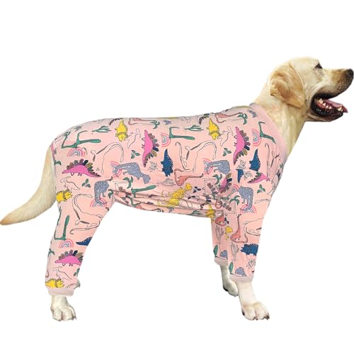 PriPre Hunde-Pyjama aus Baumwolle mit buntem Dinosaurier-Muster, Einteiler für große Hunde, vollständige Abdeckung, Schlafanzug, Haustier-Shirt, Größe L, rosa Dinosaurier von PriPre