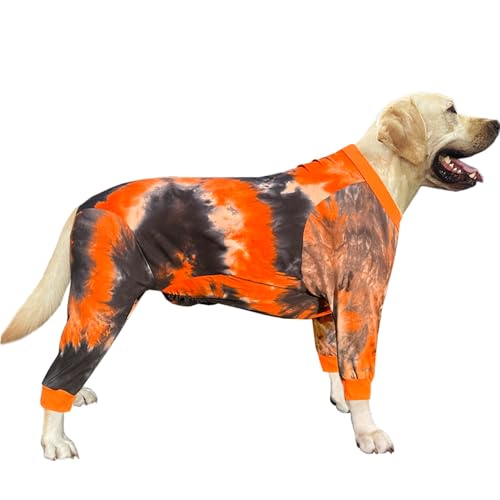 PriPre Hunde-Pyjama für große Hunde, Baumwolle, Batikfärbung, Hunde-Einteiler, Jumpsuit, Haustier-Schlaf-Shirt, vollständige Abdeckung, Hunde-Pyjama, Schwarz, Größe L, Schwarz / Orange von PriPre