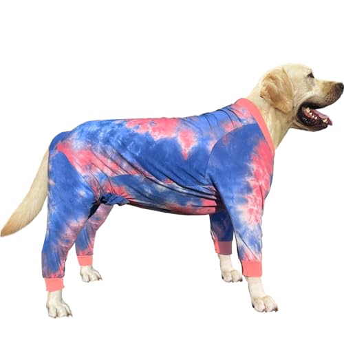 PriPre Hunde-Pyjama für große Hunde, Baumwolle, Batikfärbung, Hunde-Einteiler, Jumpsuit, Haustier-Schlaf-Shirt, vollständige Abdeckung, Hunde-Pyjama (XXL, Rosa-Blau) von PriPre