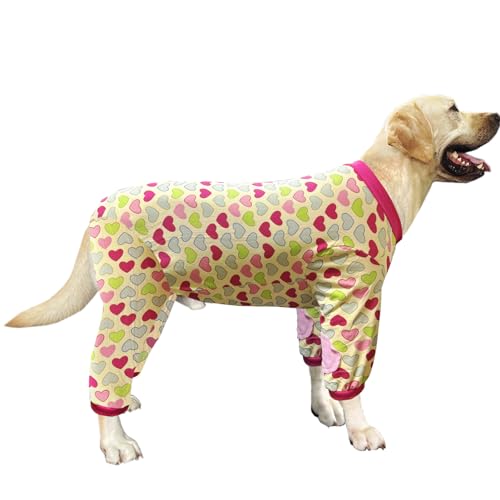 PriPre Hunde-Pyjama für große Hunde, Baumwolle, buntes Herzmuster, Hemden, Hunde-Einteiler, Overall, Haustierschläfer-Shirts, vollständige Abdeckung, Hunde-Pyjama (2XL Herz) von PriPre