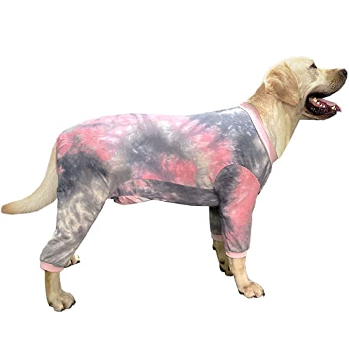 PriPre Hunde-Pyjama für große Hunde, Baumwolle, mit Batikfärbung, Hunde-Einteiler, Jumpsuit, Haustier-Schlaf-Shirt, vollständige Abdeckung, Hunde-Pyjama (groß, rosa Batik) von PriPre