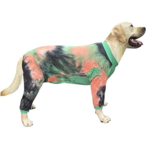 PriPre Hunde-Schlafanzug für große Hunde, Baumwolle, Batikfärbung, Hunde-Shirts, Hunde-Einteiler, Overall, Haustierschläfer, Shirts, volle Abdeckung, Hunde-Schlafanzüge (groß, grünorange) von PriPre