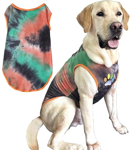 PriPre Hunde-Shirt, Hundeweste, Sommer, Batikfärbung, kühl, atmungsaktiv, Baumwolle, T-Shirt, Größe M, L, Grün / Orange von PriPre