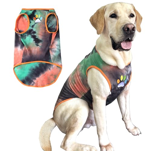 PriPre Hunde-Shirt, Hundeweste, Sommer, Batikfärbung, kühl, atmungsaktiv, Baumwolle, T-Shirt, Größe M, L, Grün / Orange von PriPre