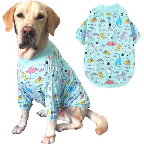 PriPre Hunde-Shirts gestreift mit Dinosaurier-Muster, Regenbogen, Einhorn, Hundekleidung für große, mittelgroße und kleine Hunde, atmungsaktiv, Hunde-Pyjama (3XL, blauer Dinosaurier) von PriPre