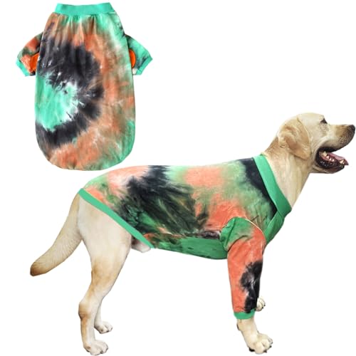 PriPre Hunde-T-Shirt, gestreift, Batikfärbung, Hundekleidung für große Hunde, atmungsaktiv, dehnbar, Baumwolle, Hunde-Pyjama (Grün-Orange, L) von PriPre