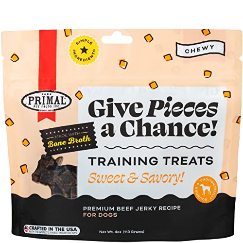 Primal Pet Foods Primal Beef Jerky Dog Treats aus Rinderknochenbrühe für Hunde, geben Sie den Stücken eine Chance, Leckerlis für Hunde, 4 Unzen von Primal Pet Foods