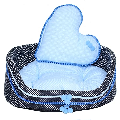 Hundebett Katzenbett mit Herz Kissen - Bommel Blau - Hunde Katze Kissen Hundekorb Katzenkorb (Mit Decke) von Primawela