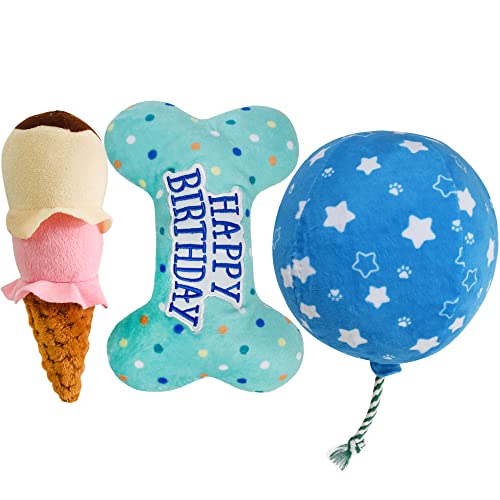 PrimePets Hund Geburtstag Spielzeug, 3 Pack, Plüsch Hund Knistern Quietschspielzeug Hund Geburtstag Party Supplies, Hund Kauspielzeug für kleine mittelgroße große Hunde (Eiscreme/Ballon/Knochenform) von PrimePets