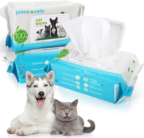 PrimePets Feuchttücher Pflegetücher für Hund Katze, 3×100 Stück Reinigungstücher für Haustier, zur Reinigung von Gesichtern Ohren Pfoten von PrimePets