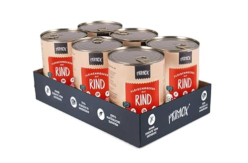 PRIMOX® Fleischmecker Hunde-Nassfutter | Getreidefrei | 70% Fleisch & Innereien | Made in Germany & 100% Natürlich | Omega-3 für Haut & Fell | Gluten- & Laktosefrei (Rind, 6x400 g) von Primox