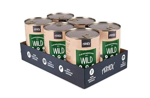 PRIMOX® Fleischmecker Hunde-Nassfutter | Getreidefrei | 70% Fleisch & Innereien | Made in Germany & 100% Natürlich | Omega-3 für Haut & Fell | Gluten- & Laktosefrei (Wild, 6x400 g) von Primox