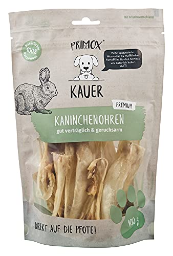 PRIMOX® Kaninchenohren 100g I Verträglicher, geruchsarmer Premium Kausnack für Hunde | Für Ernährungssensible Hunde | Zahnfreundlich & Stressreduzierend | Hochwertige Proteinquelle von Primox