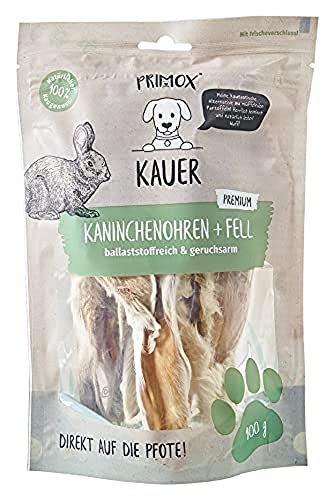 PRIMOX KAUER Kaninchenohren + Fell - ballaststoffreicher & geruchsarmer Kausnack für Hunde - Hundeleckerlie/Kauknochen/Zahnpflege, 1er Pack (1 x 0.10 kilograms) von Primox