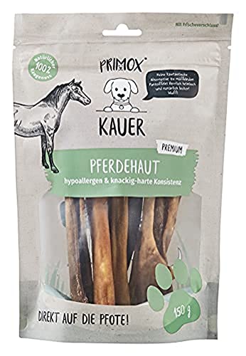 PRIMOX KAUER Pferdhaut - hypoallergen & knackig-Harte Konsistenz - Kausnack für Hunde/Hundeleckerlie/Kauknochen/Zahnpflege, 1er Pack (1 x 0.15 kilograms) von Primox