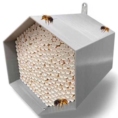 Wildbienen-Nisthilfe – absolut haltbar & wetterfest. Insektenhotel mit 300 Nisthülsen. Hochwertiges Wildbienenhotel für Gartenfreunde (Grau) von Printin3D