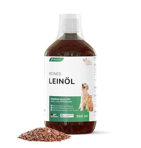 PRIVANA 100% Reines Leinöl für Hunde & Katzen (500ml) –natürliches Futteröl, natürliche Fettsäuren, Barf-Futterergänzung, über 54% Omega-3-Fettsäuren von Privana